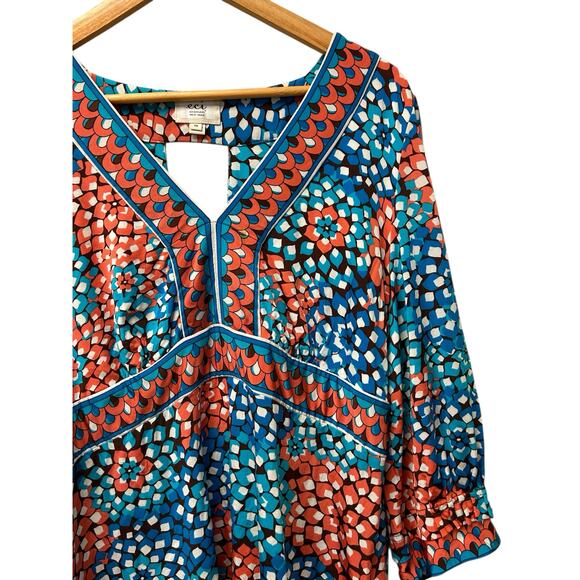 ECI New York 1X Floral V Neck Top 3/4 Sleeve Keyhole Back Side Zip Plus Size - Picture 8 of 9